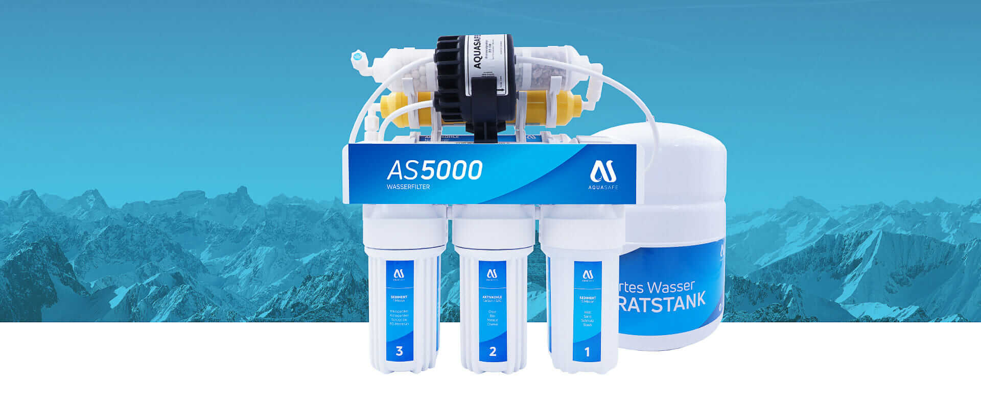 AS5000 water filtration system 7 stage with eco pump on blue background