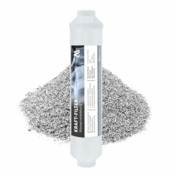 Weißer Kraft-Filter mit Label vor einem Haufen puren Magnesiums in grau