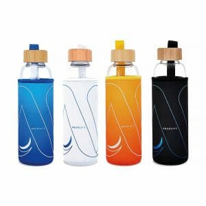4 water bottles in different color versions - orange, blue, white, black