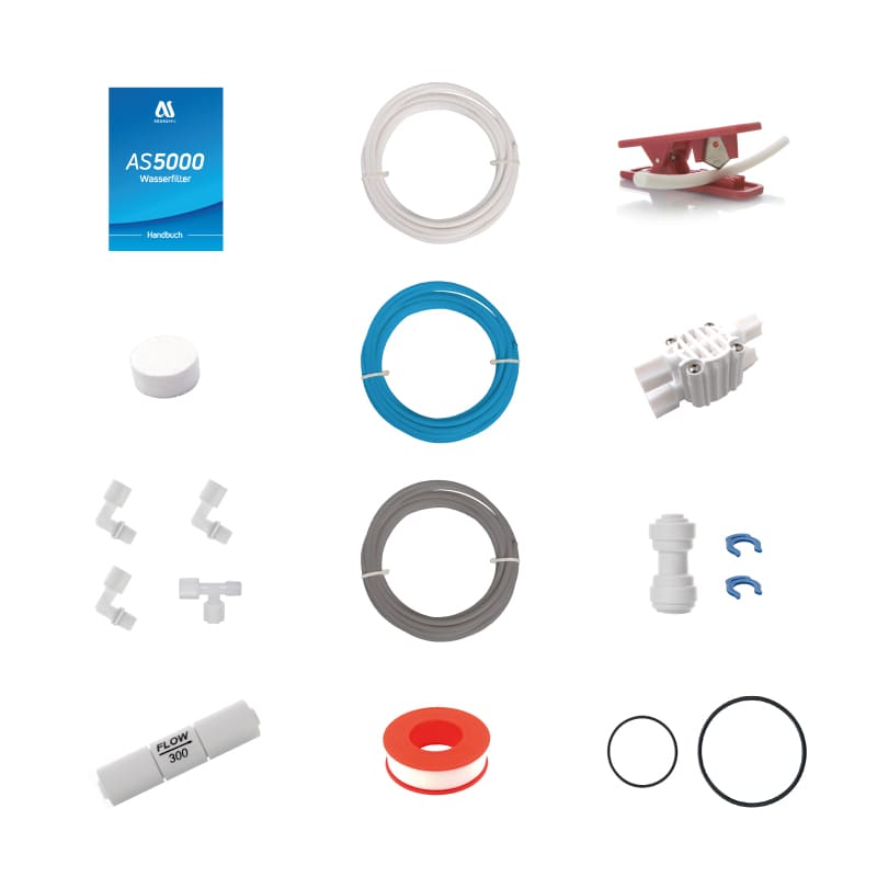 Replacement kit with all components - The blue AS5000 manual, an AQUASTOP replacement pad, 4x connectors, 1x flow restrictor, 3x hoses (white, blue and gray), a roll of Teflon tape, a hose cutter, an automatic shut-off, 1x Checkvalve with blue locking clips and sealing rings for the pre-filter and membrane housings.