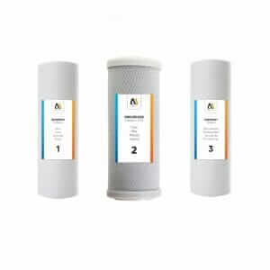 AS5000FF Replacement filter - Pre-filter set with 1x 5 micron sediment filter, 1x activated carbon block filter, 1x 1 micron sediment filter.