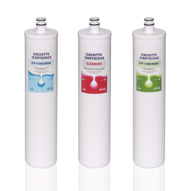 3 pre-filters in 10 inch for compact systems, white filter cartridges with label in blue, green and red