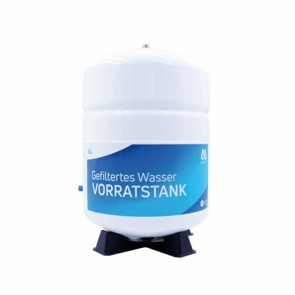 8 Liter Wassertank - stehend in weiß - mit blauem AQUASAFE Label auf schwarzem Standfuß