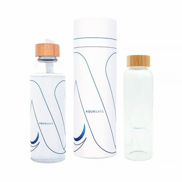 Wasserflasche - Neon-Fleece Schutzhülle und Trageschlaufe – Edler und robuster Versandkarton im AQUASAFE-Design