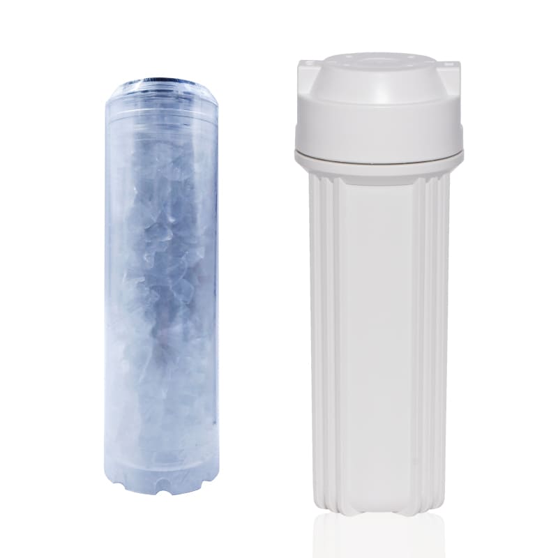 Lime pre-filter with transparent housing in purple and crystal-like stones inside. Next to it the lime filter housing, which is needed for the first use in white - From AQUASAFE
