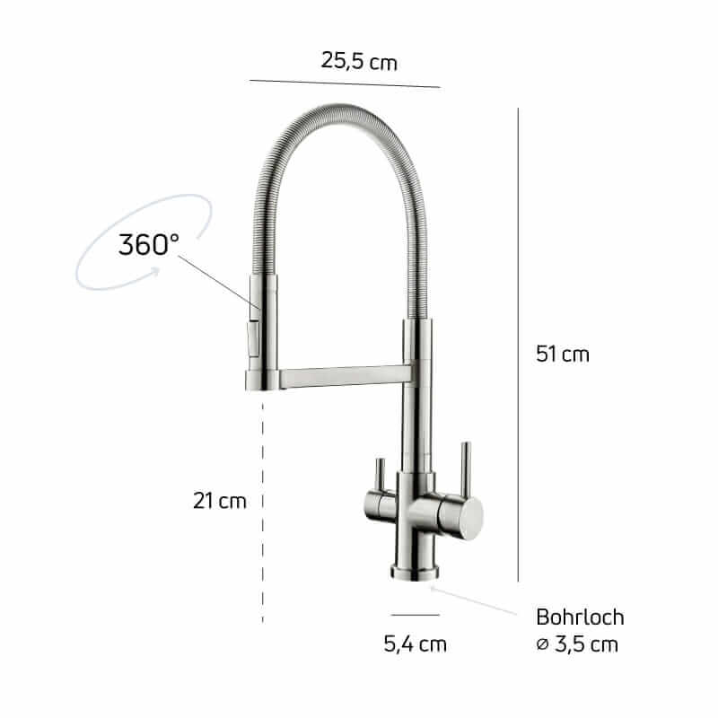 Technical drawing of the Gloria 3-way faucet from AQUASAFE