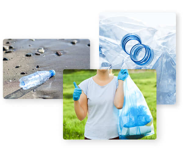 Umweltschonend - Nachhaltiger sein - zerknüllte Plastikflaschen, Frau mit Daumen hoch.