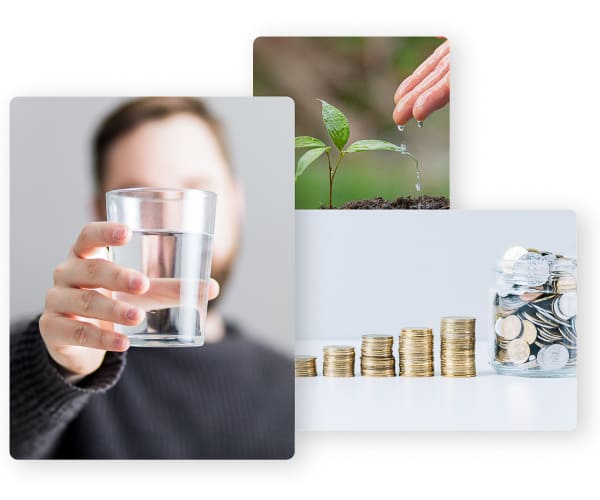 Naturally thrifty - three images - A man, dressed in black, holding in front of his face water glass, young plant in green with raindrops and a disposable jar with spared.