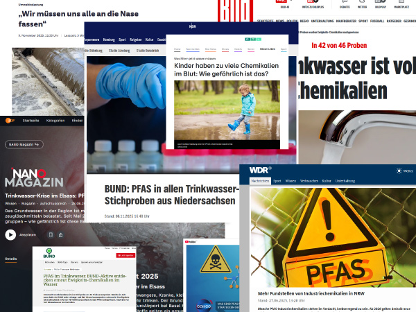 Screenshots von Medienberichten zum Thema PFAS
