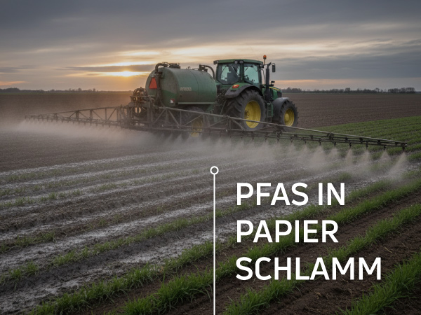 Tracktor auf dem Feld. Er versprüht PFAS der in Papierschlamm auf die Felder gelangt